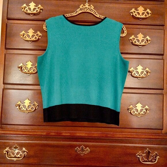 Ming Wang Tank Top Stretch Knitted Ribbed Bottom Edging Side Slits Black Green L - Picture 13 of 13